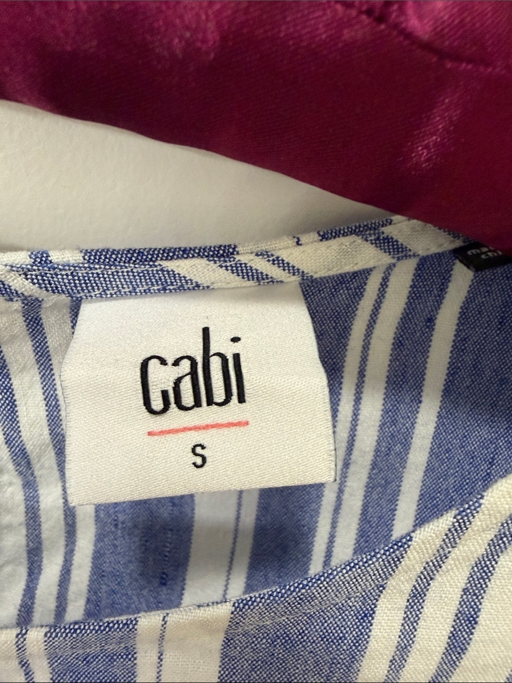 CAbi Blue and White Vertical Stripe Puff Sleeve Top - Picture 2 of 5